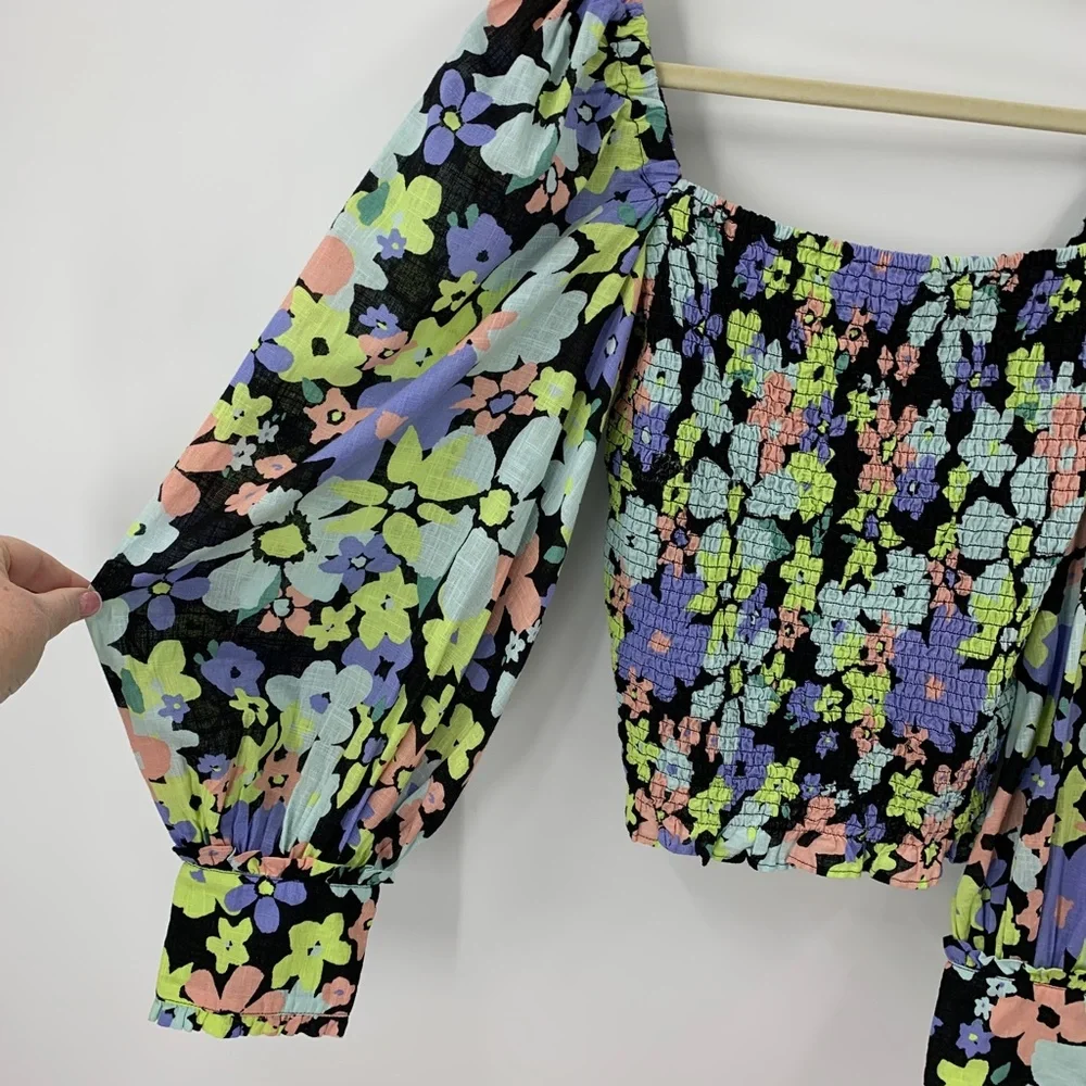 Free People Ariana Square Neck Smocked Top in Retro Floral Sz M